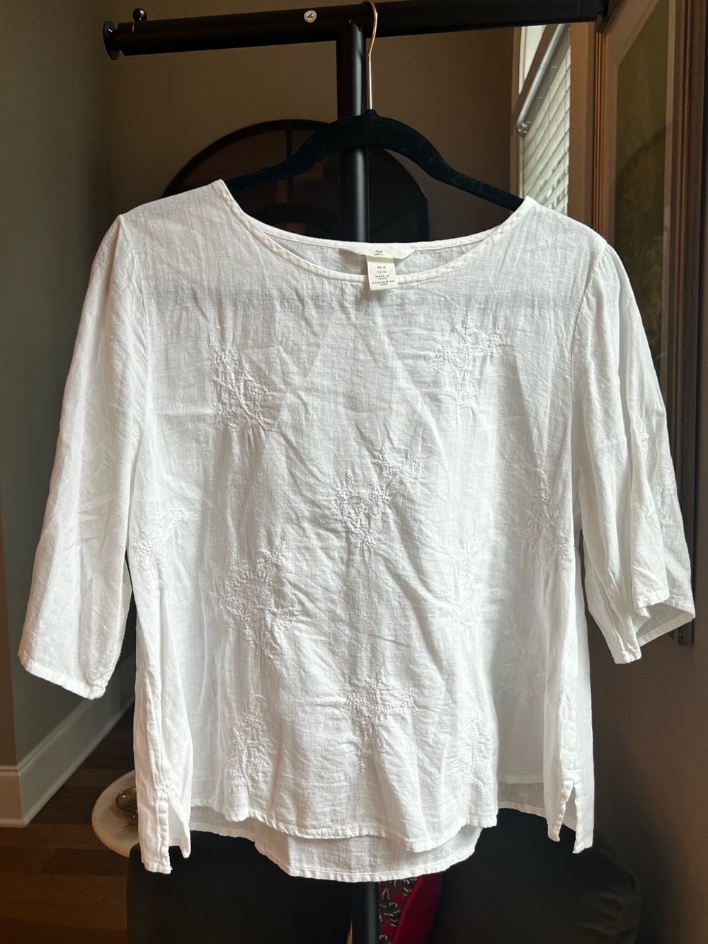 H&M White Embroidered Linen-Blend Boatneck Top